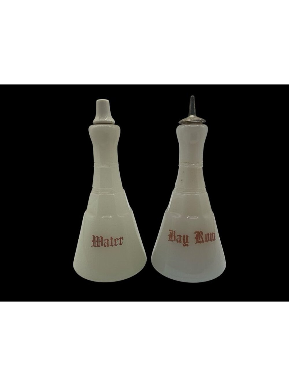 Antique Opaline Glass "Bay Rum" and "Water" with Stoppers Collectible Shaving
